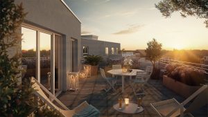 Visualisierung Balkon bei Sonnenuntergang