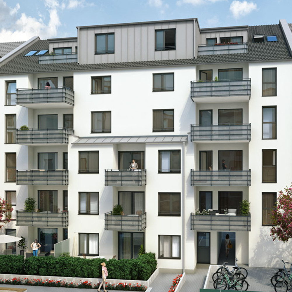 Außenansicht: Volksgarten Pfälzer Straße, Balkone und Gehweg