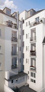 Ansicht der Balkone an der Rückseite des Gebäudes