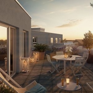 Visualisierung eines Balkons im Abendlicht