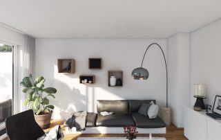 Ansicht einer Couch mit bogenförmiger Stehlampe