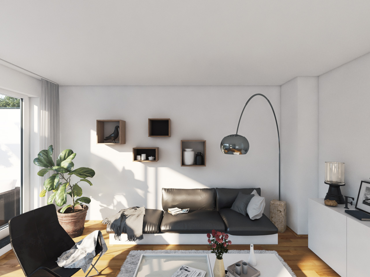 Ansicht einer Couch mit bogenförmiger Stehlampe