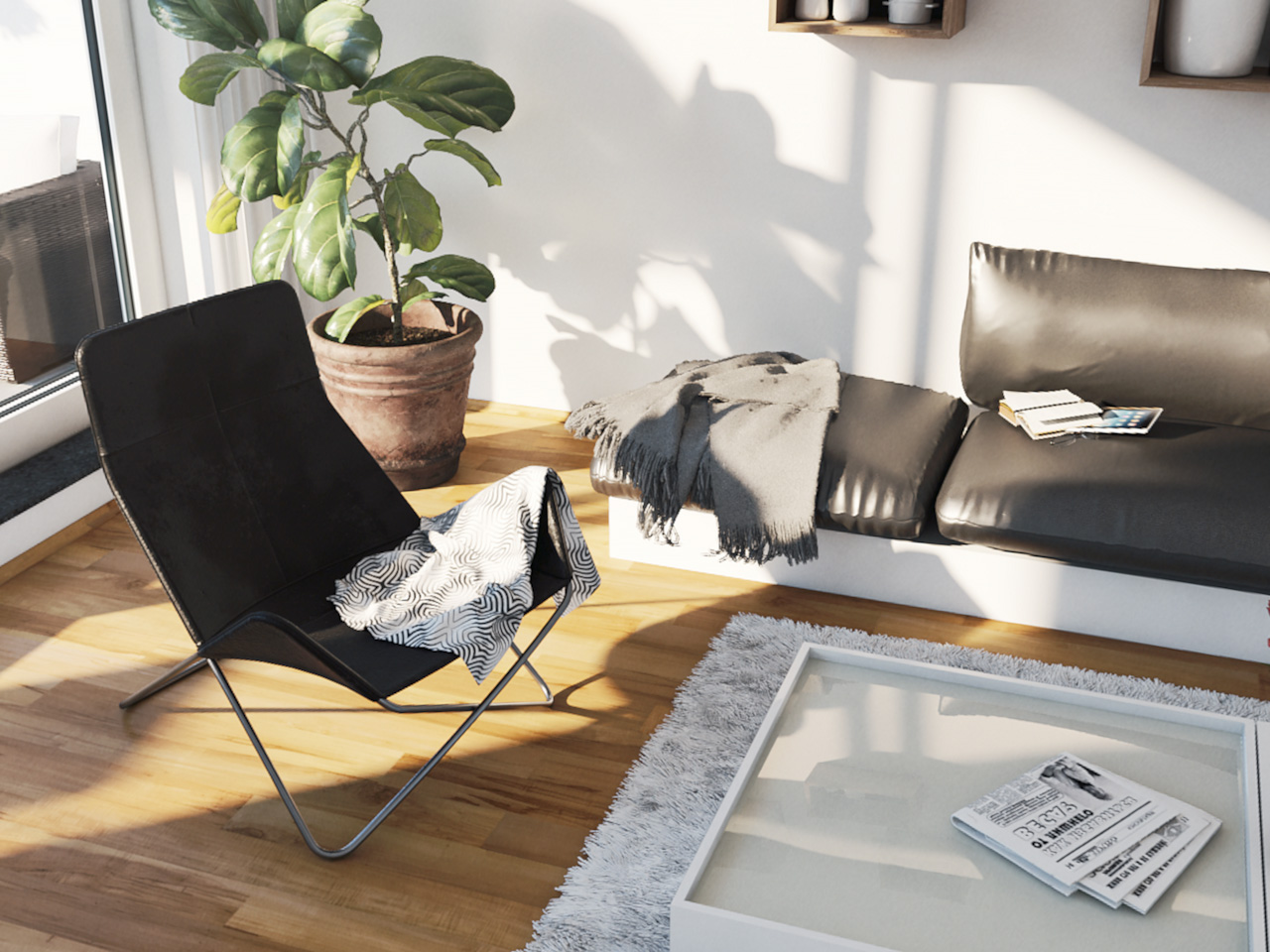 Ansicht eines Sessels und einer Couch mit einer Zimmerpflanze im Hintergrund