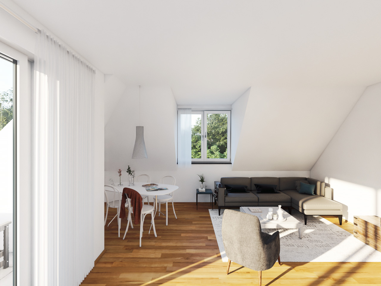 Blick in ein Wohnzimmer mit Esstisch und Couchecke