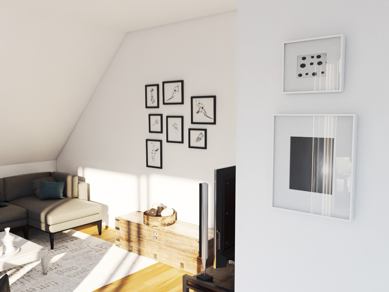 Blick auf eine Couchecke unter einer Dachschräge