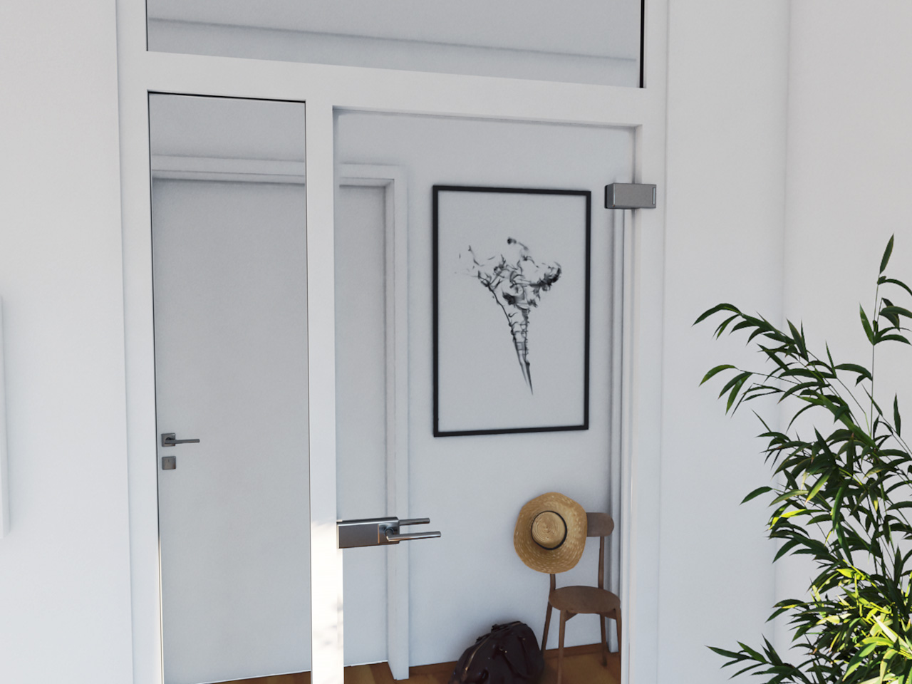 Blick durch eine Glastür in den Flur