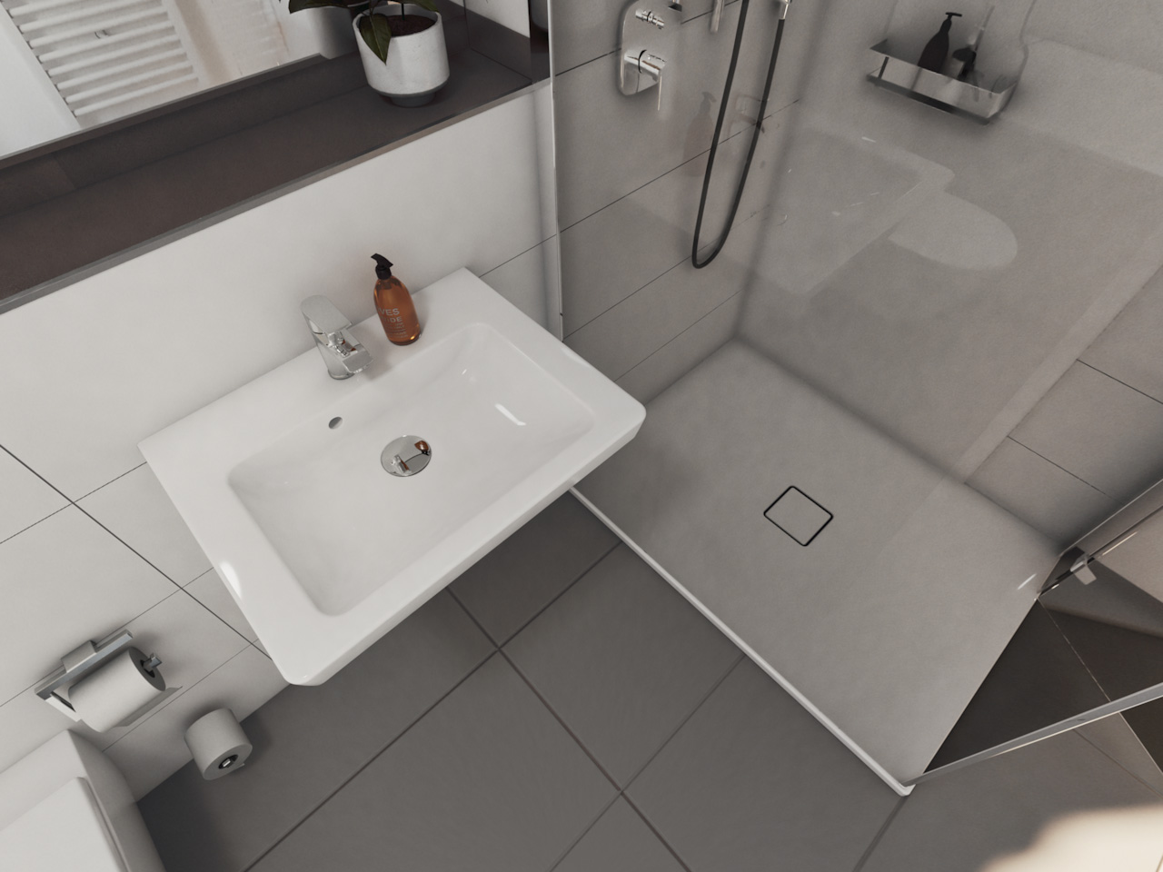 Ansicht einer Duschkabine und eines Waschbeckens