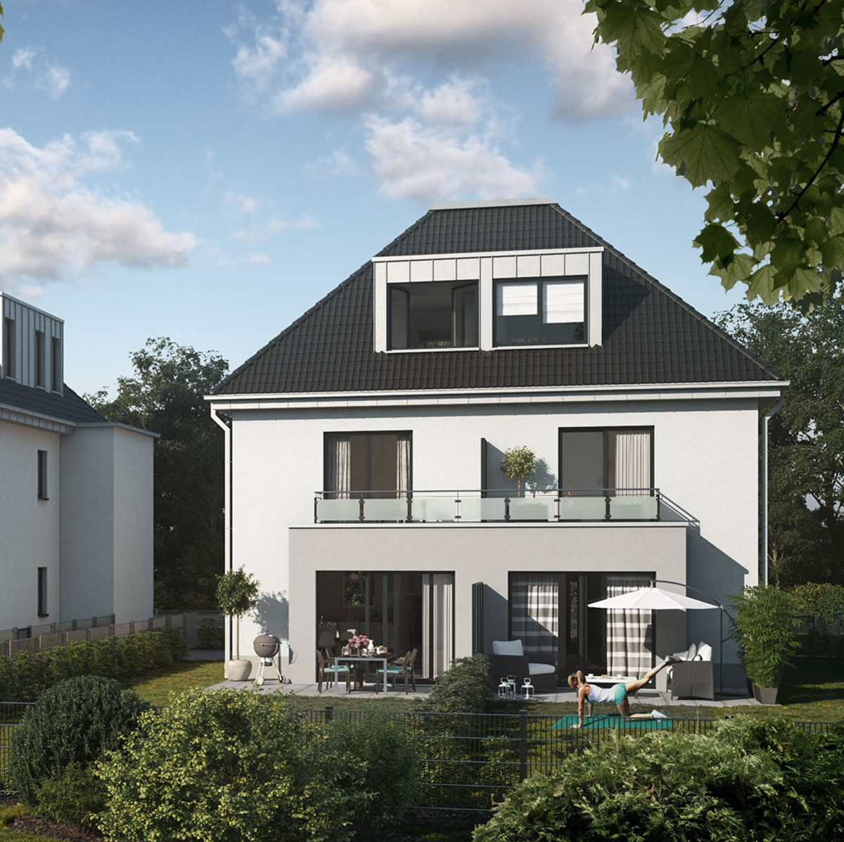 Rückseite eines Hauses mit Garten