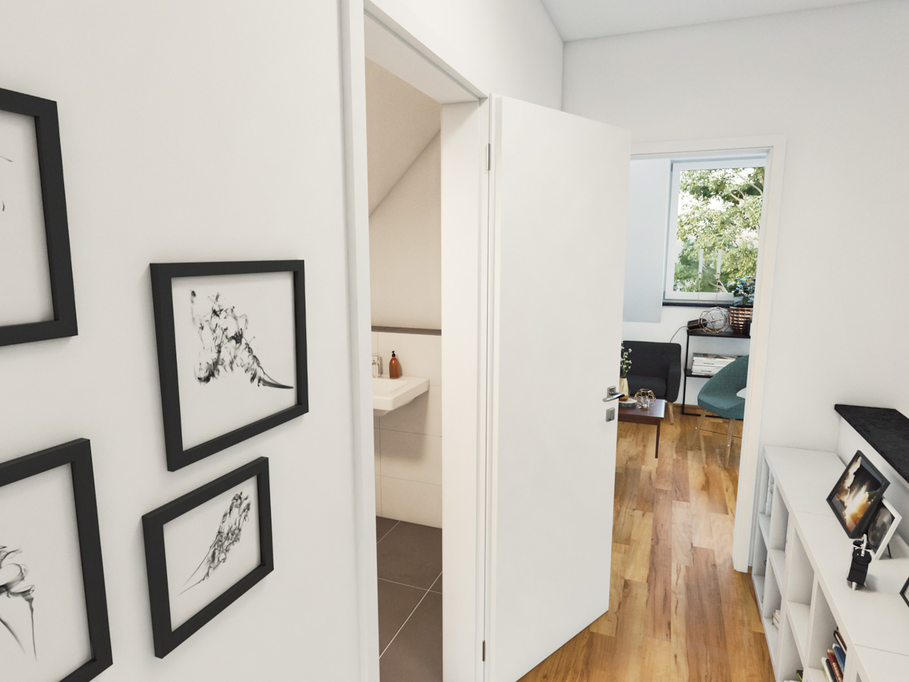 Blick in einen Flur mit geöffneter Badezimmertür