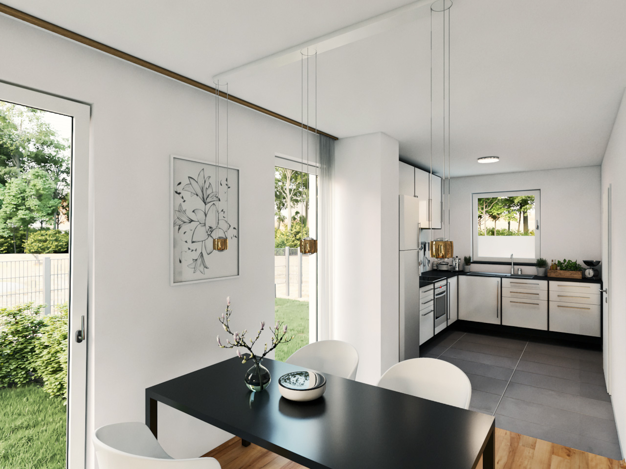 Ansicht eines Esstischs mit L-förmiger Küche im Hintergrund