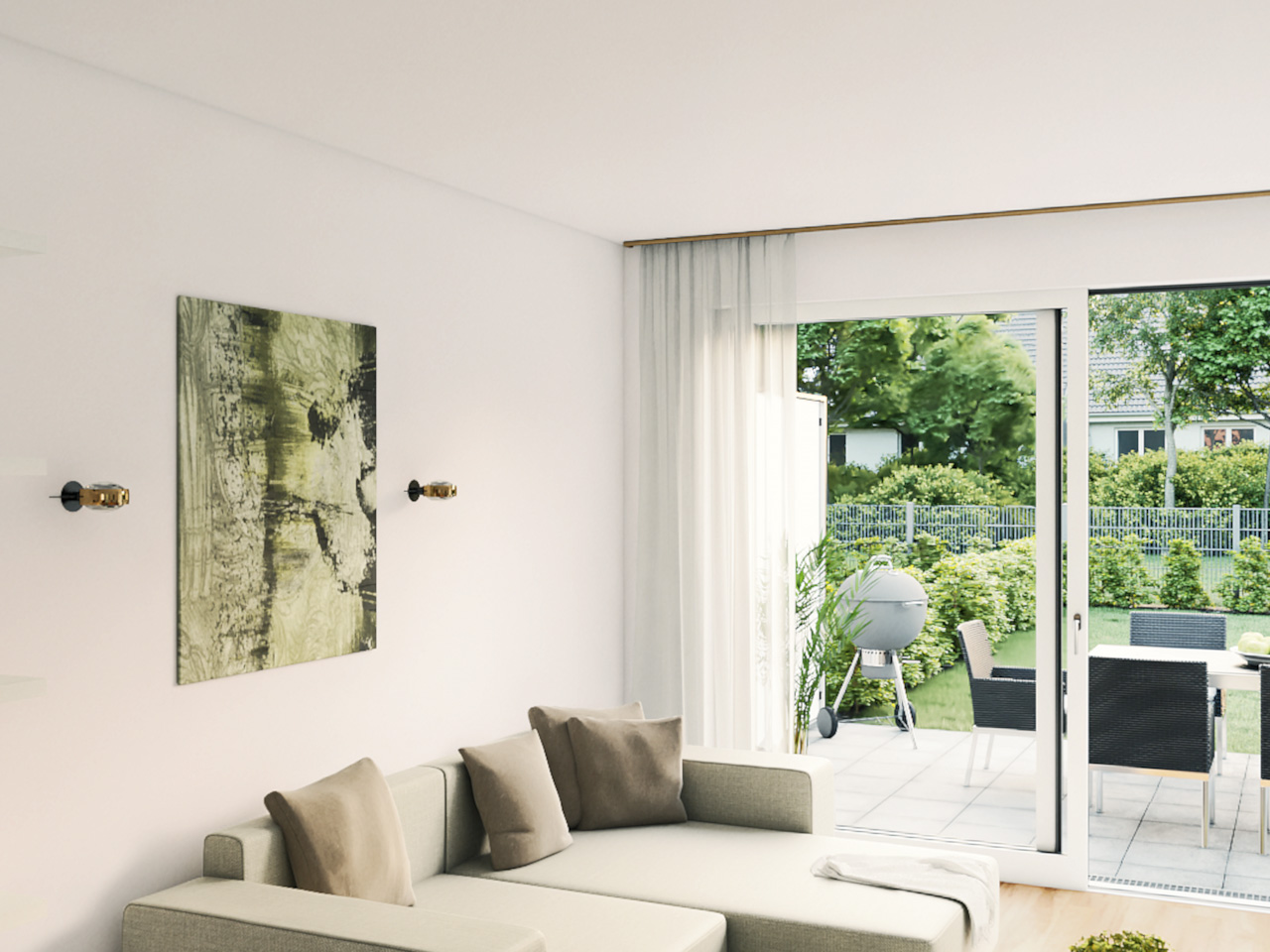 Blick in ein Wohnzimmer mit Aussicht auf Terrasse und Garten