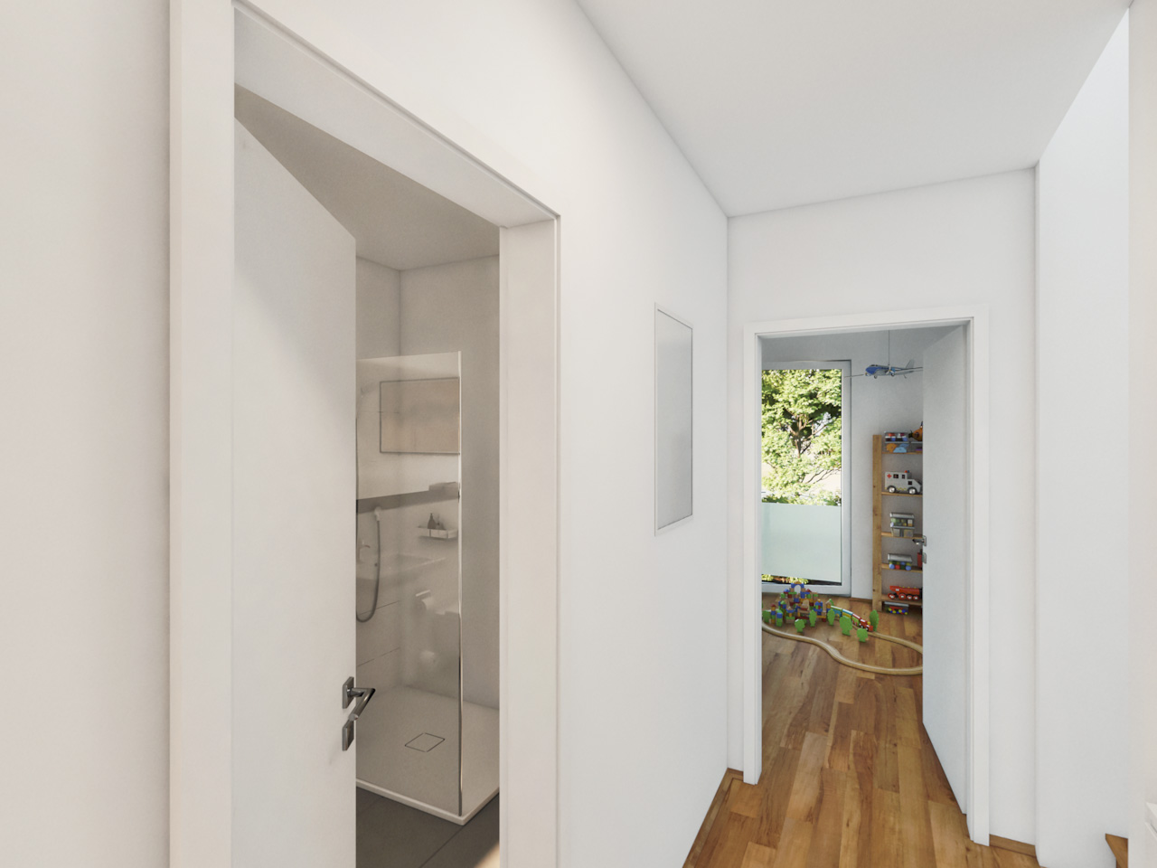 Ansicht eines Flurs mit Blick in Bad und Kinderzimmer