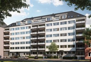 Außenansicht der Vorderseite des Gebäudes mit Balkonen und Eingangsbereich