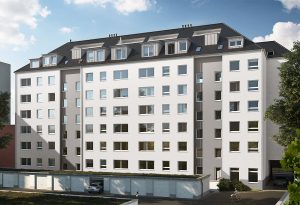 Außenansicht der Rückseite des Gebäudes mit Garagen