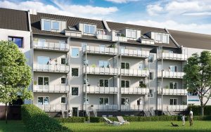 Rückansicht eines Mehrfamilienhauses