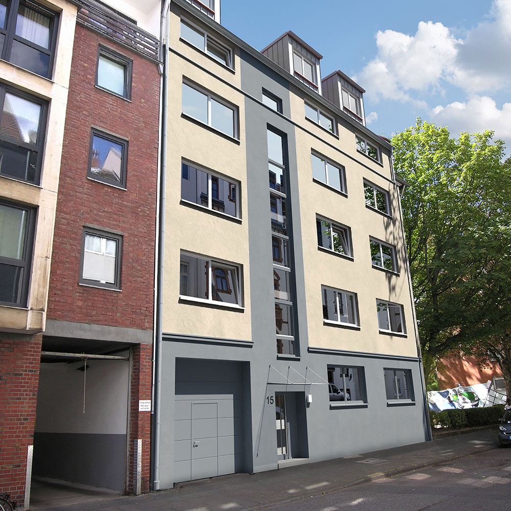 Außenansicht eines mehrgeschossigen Mehrfamilienhauses